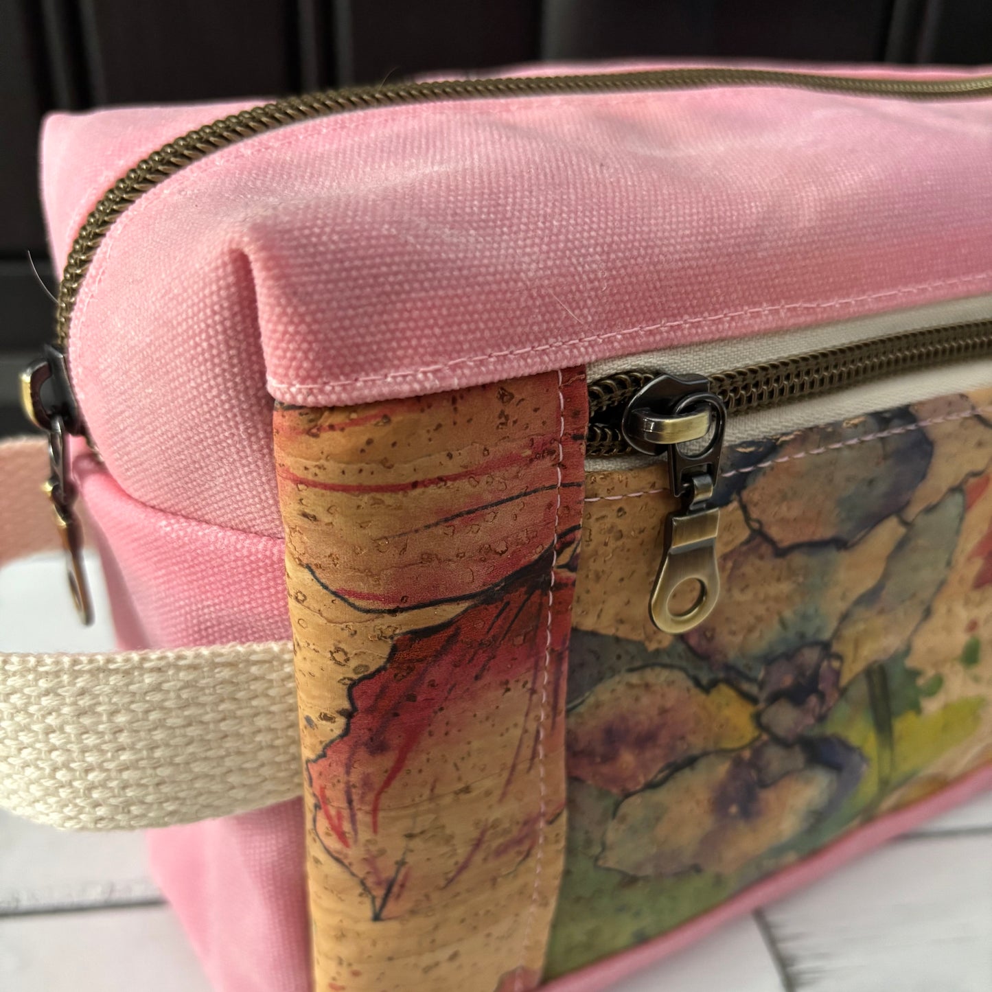 Isabella Pouch - Watercolour Floral Cork and Pink Waxed Canvas version 2