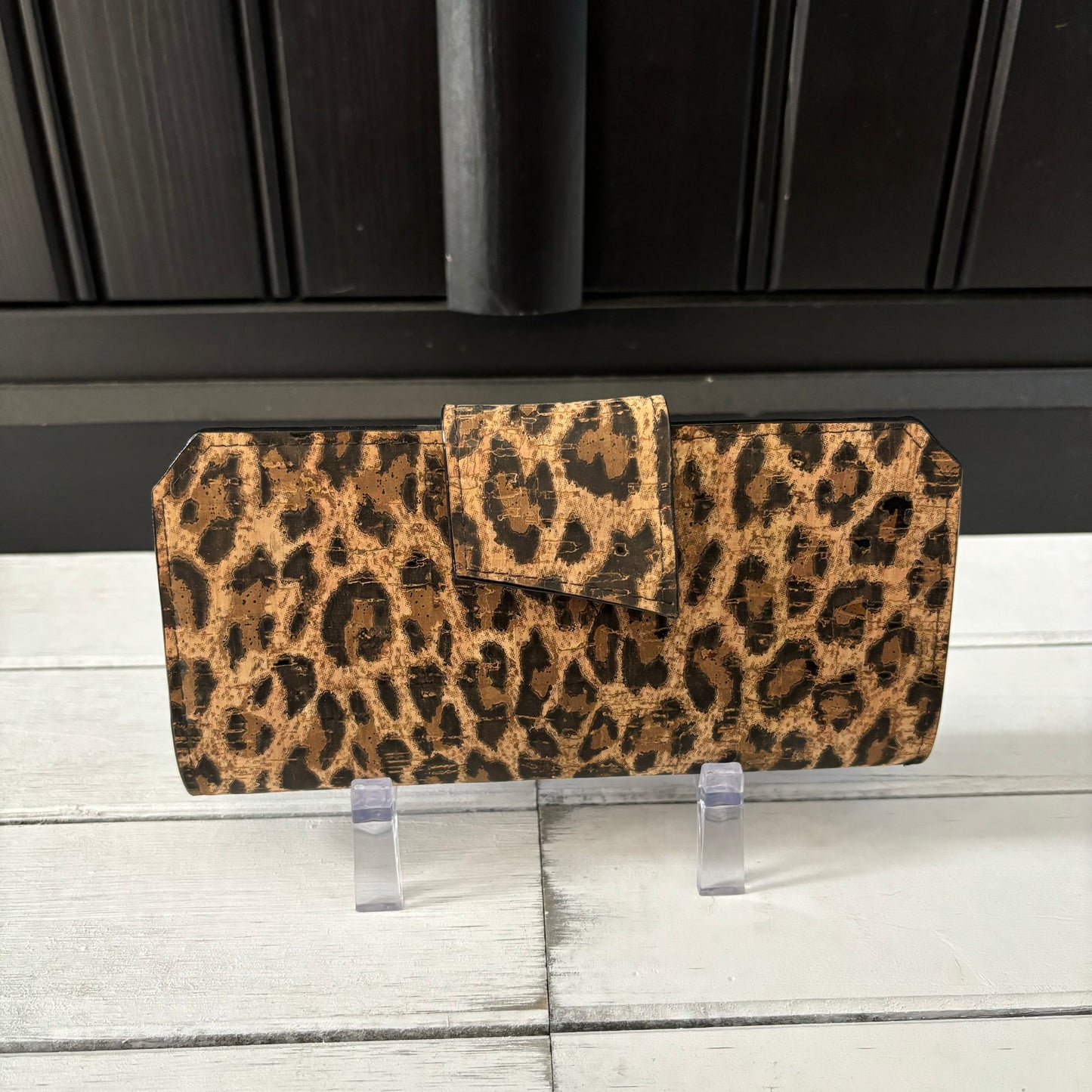 Tall Wallet - Leopard Print and Black Cork