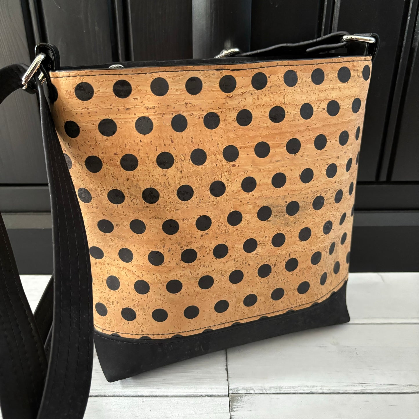 Mini Box Tote - Polka Dot and Black Cork