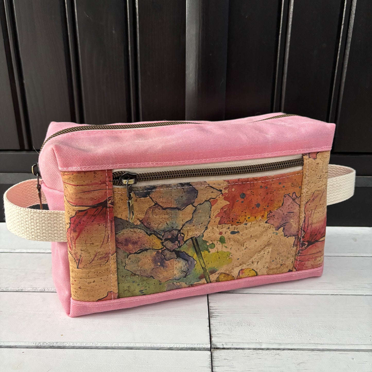 Isabella Pouch - Watercolour Floral Cork and Pink Waxed Canvas version 2