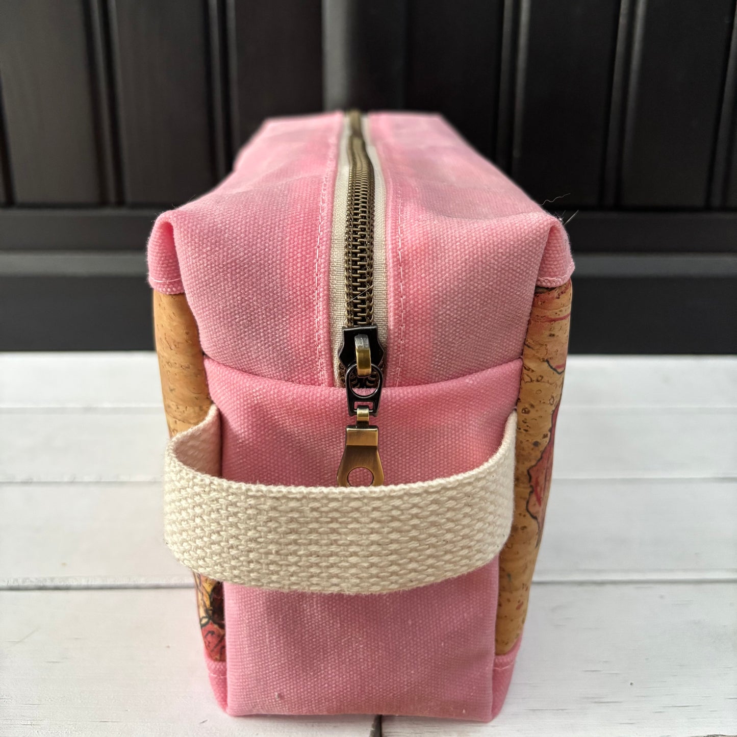 Isabella Pouch - Watercolour Floral Cork and Pink Waxed Canvas version 2