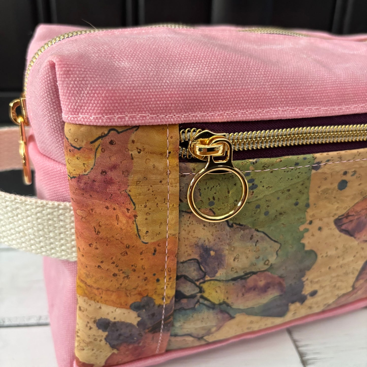 Isabella Pouch - Watercolour Floral Cork and Pink Waxed Canvas version 1