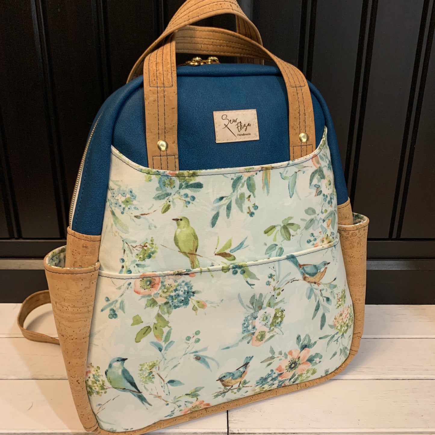 Zenaida Backpack - Natural Cork, Teal Faux Leather and Bird Print