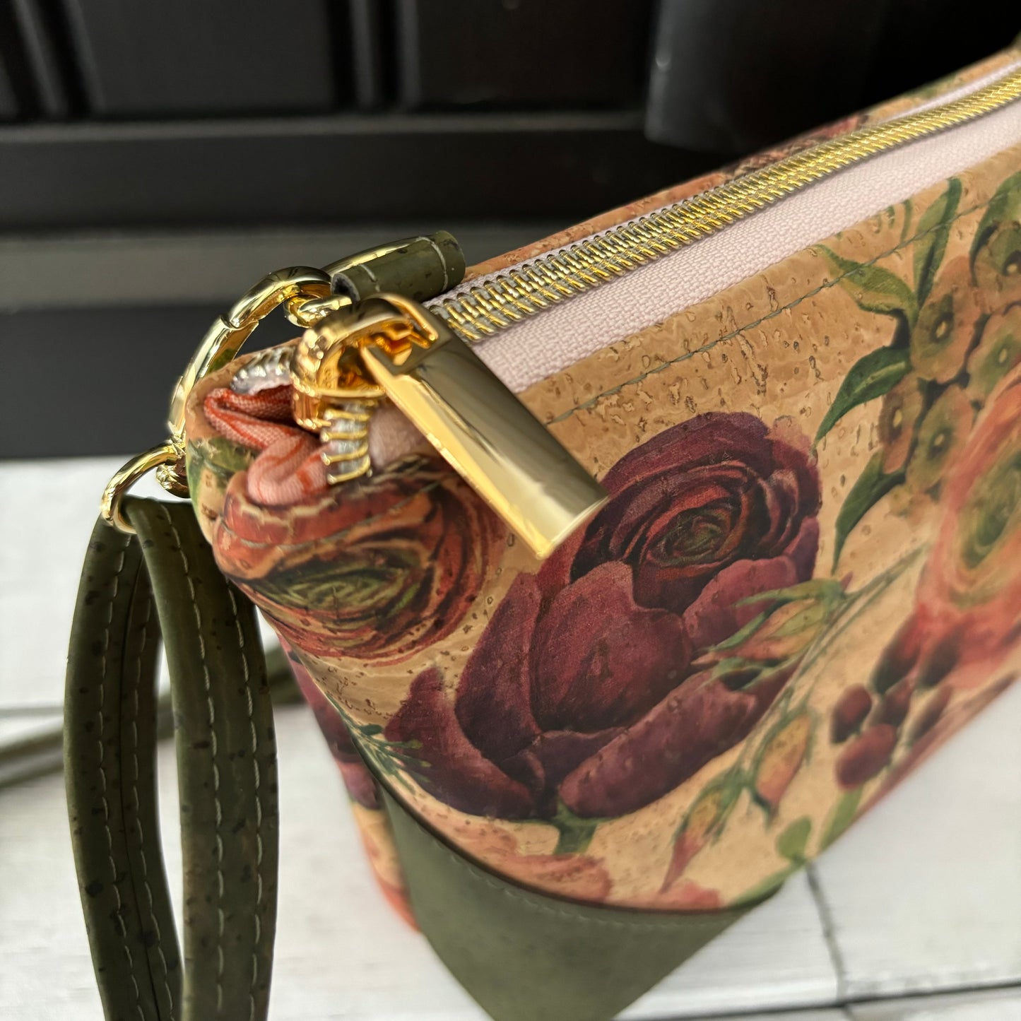 Paradigm Crossbody Bag - Roses and Army Green Cork version 2