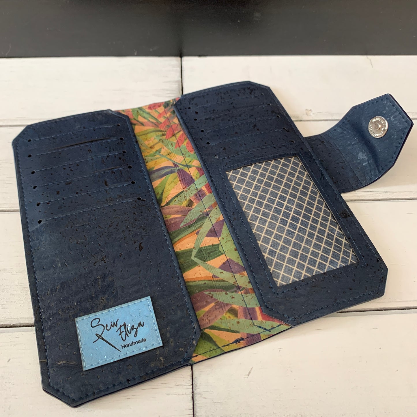 Tall Wallet - Tropical Butterfly and Navy Cork