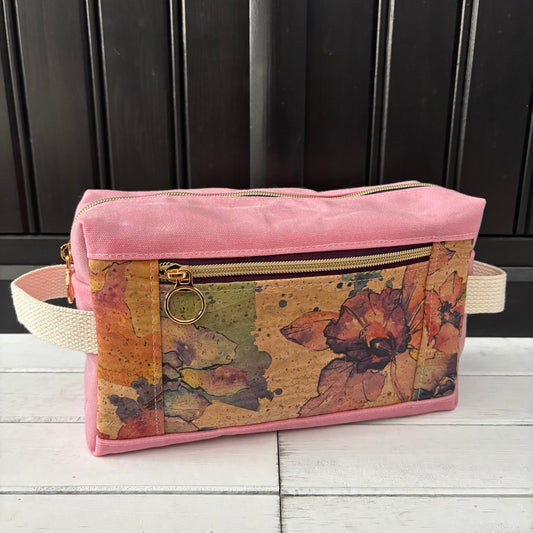 Isabella Pouch - Watercolour Floral Cork and Pink Waxed Canvas version 1