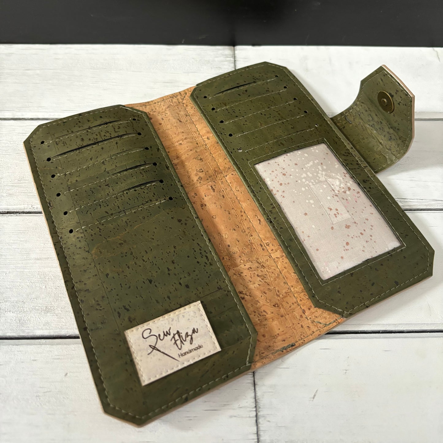 Tall Wallet - Rose and Army Green Cork