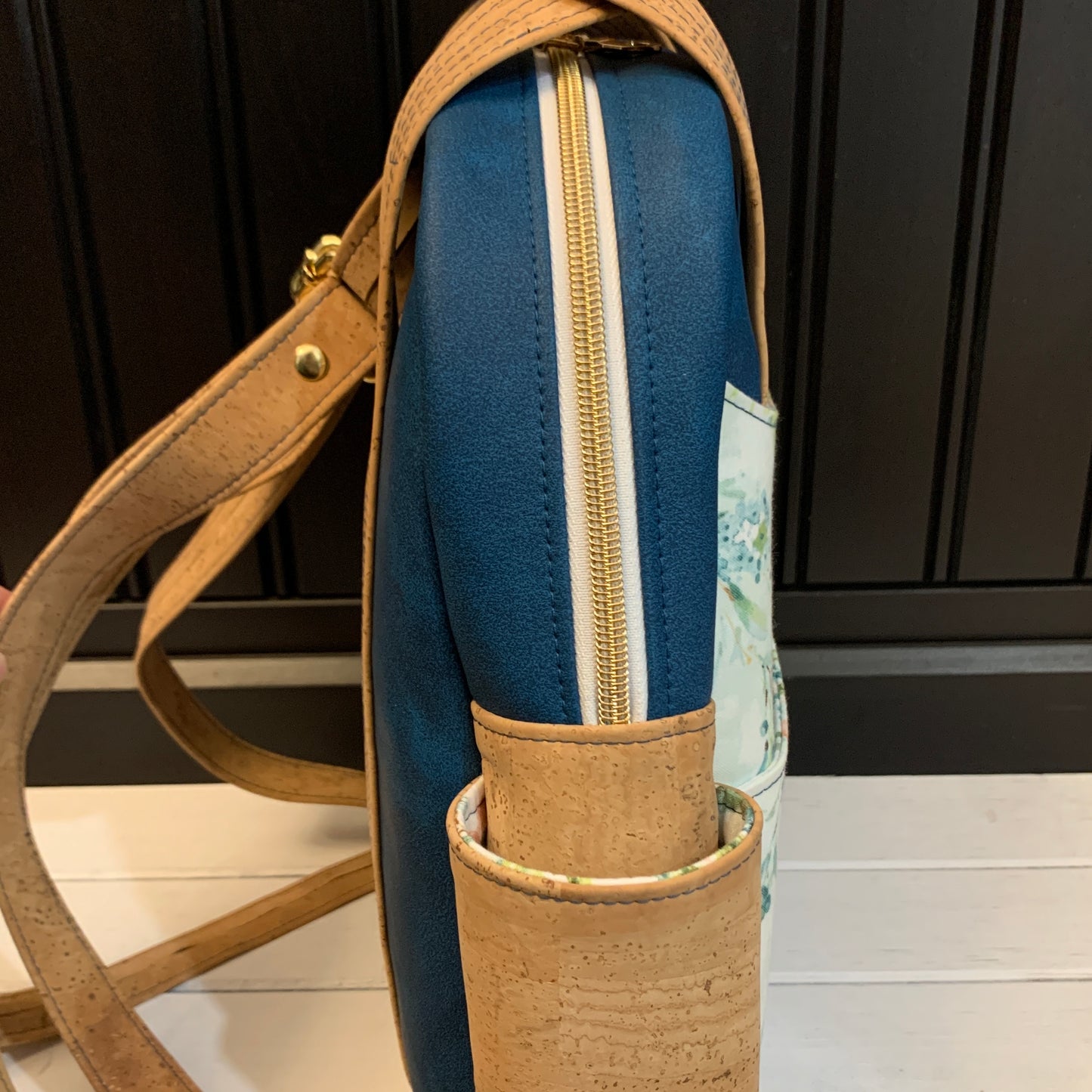 Zenaida Backpack - Natural Cork, Teal Faux Leather and Bird Print