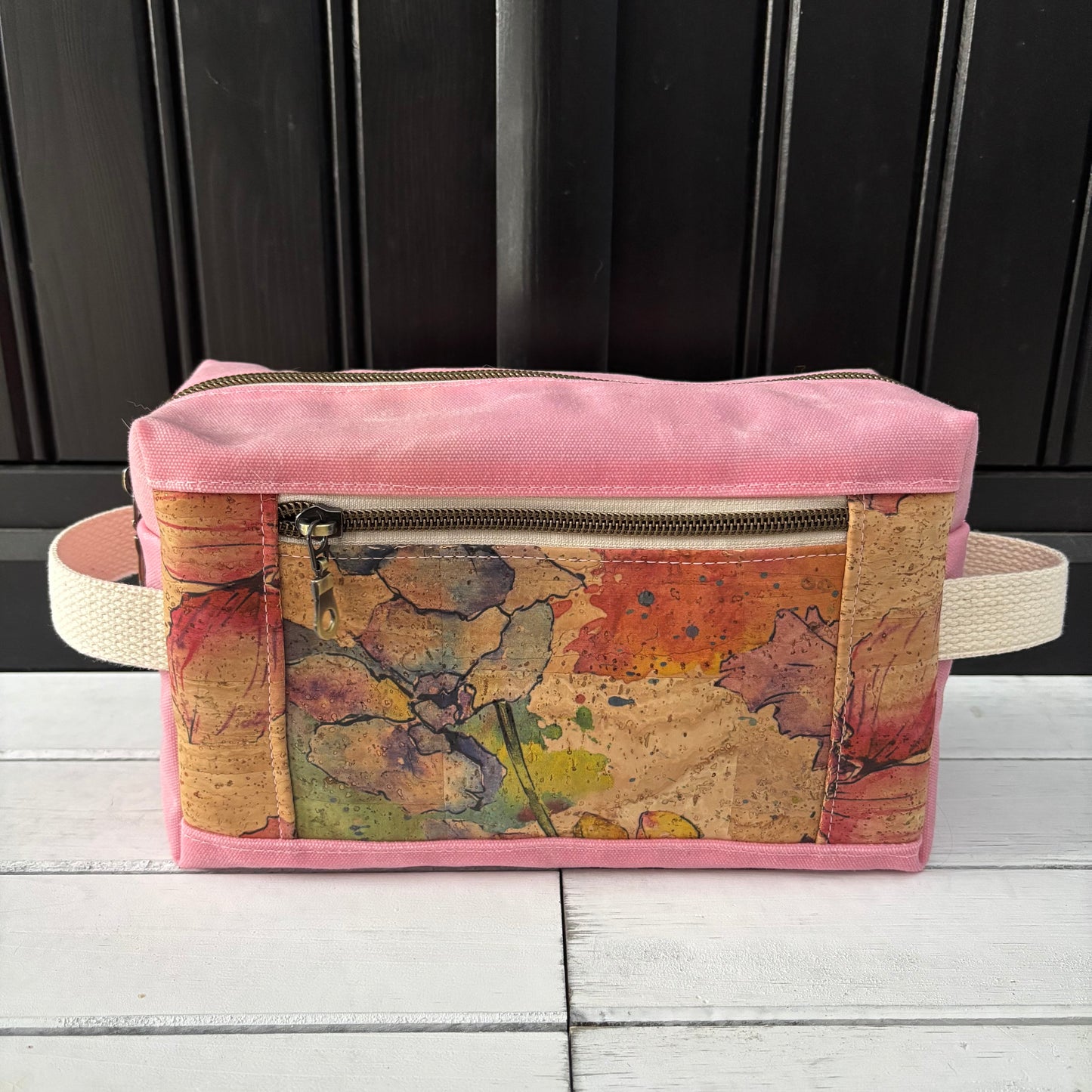 Isabella Pouch - Watercolour Floral Cork and Pink Waxed Canvas version 2