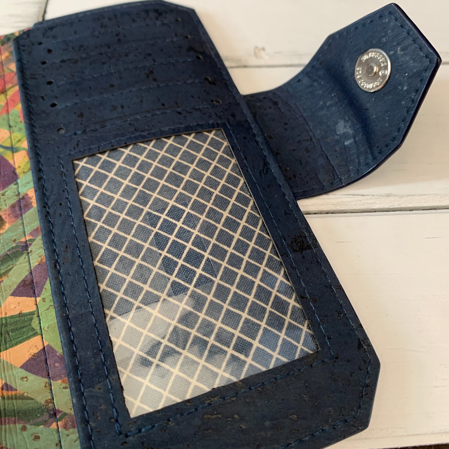 Tall Wallet - Tropical Butterfly and Navy Cork