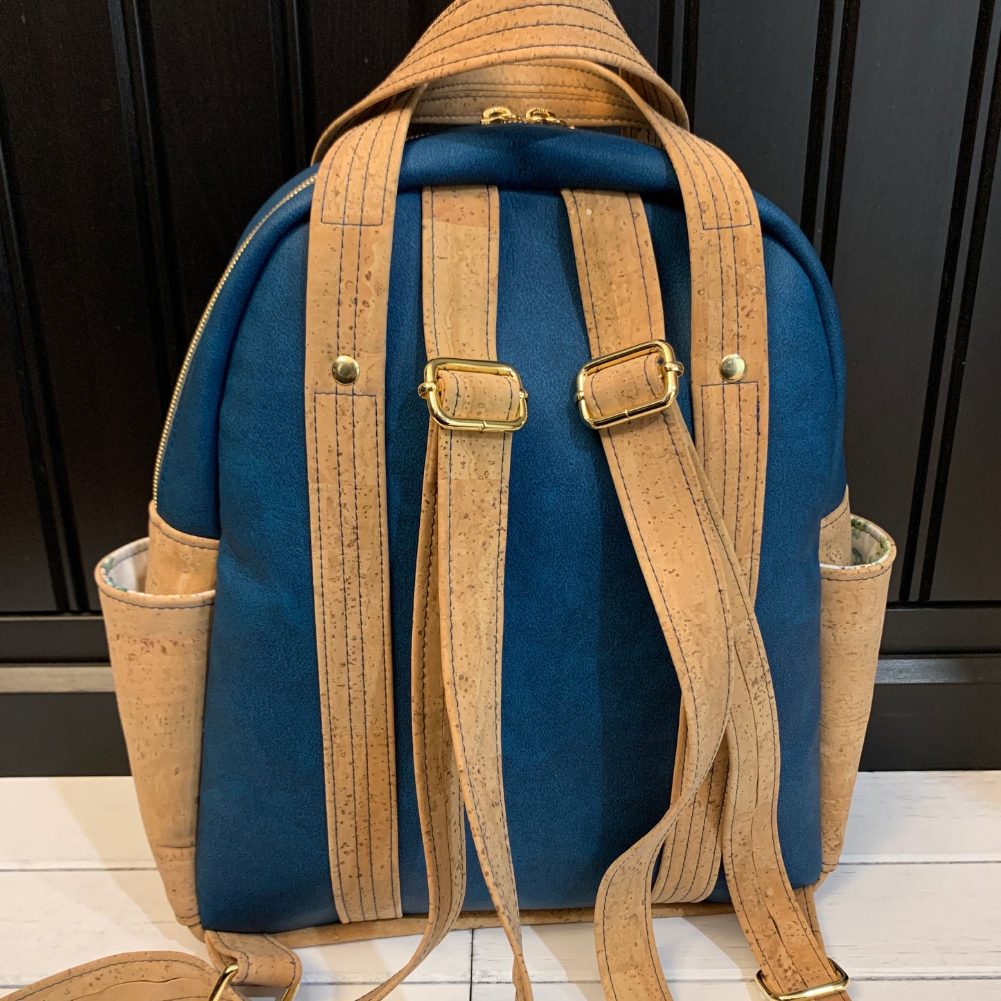Zenaida Backpack - Natural Cork, Teal Faux Leather and Bird Print