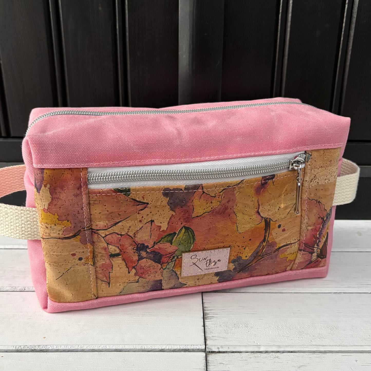Isabella Pouch - Watercolour Floral Cork and Pink Waxed Canvas version 3