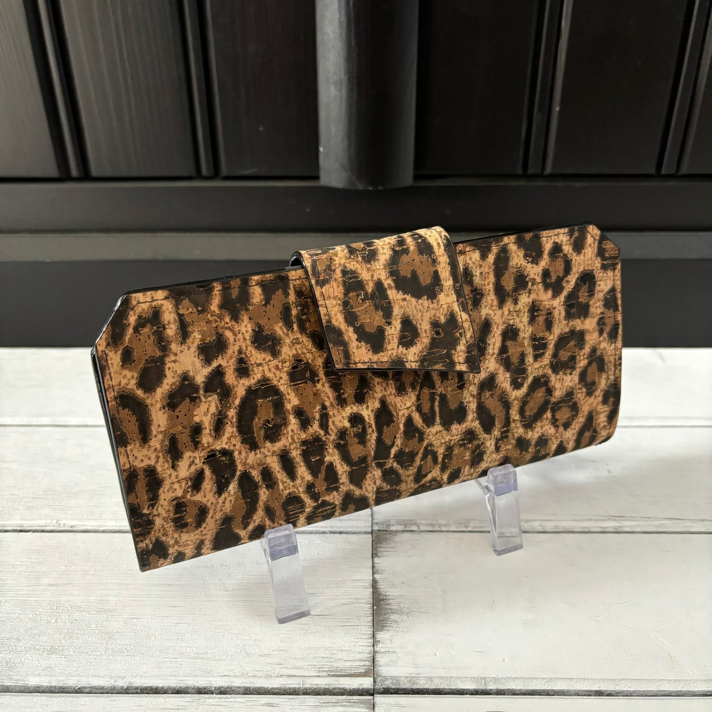 Tall Wallet - Leopard Print and Black Cork