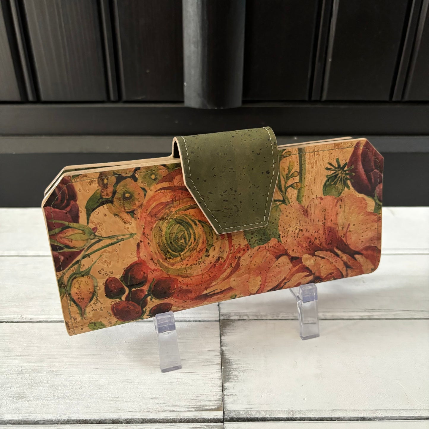 Tall Wallet - Rose and Army Green Cork