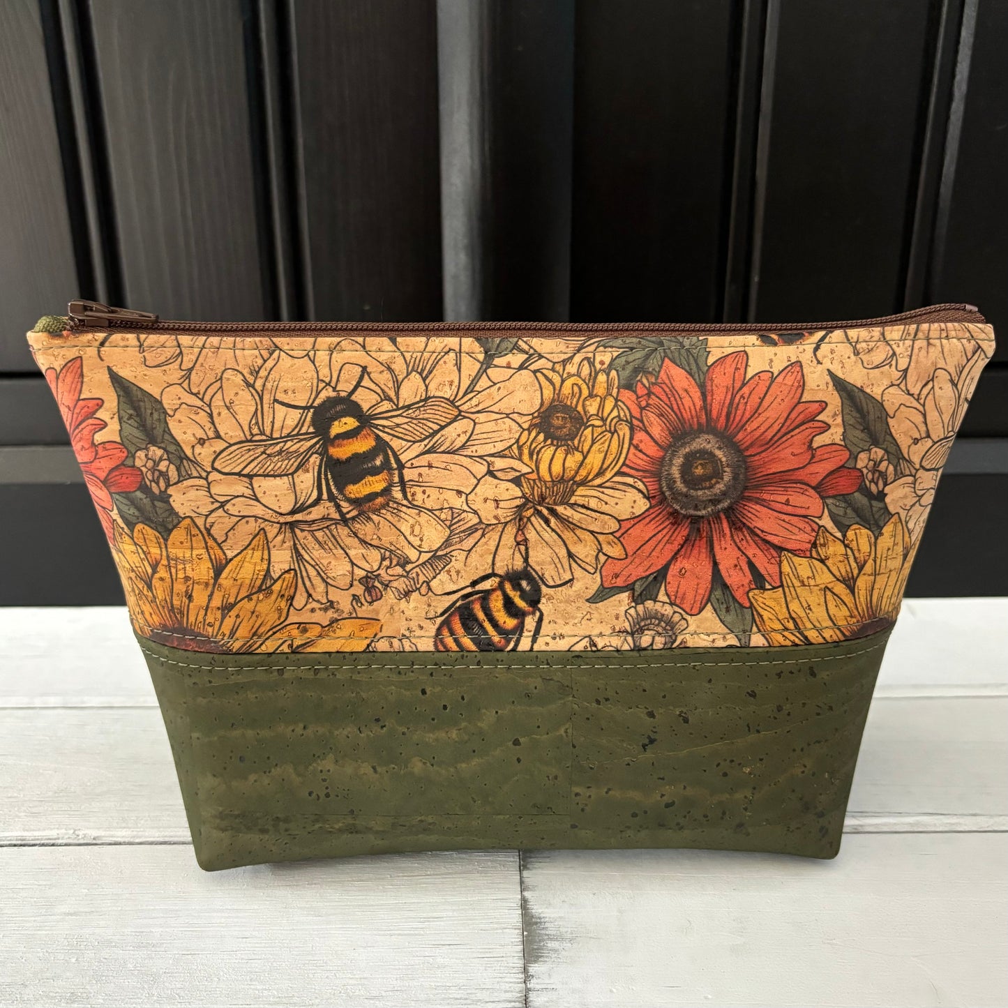 Open Wide Pouch - Small - Bees and Army Green Cork