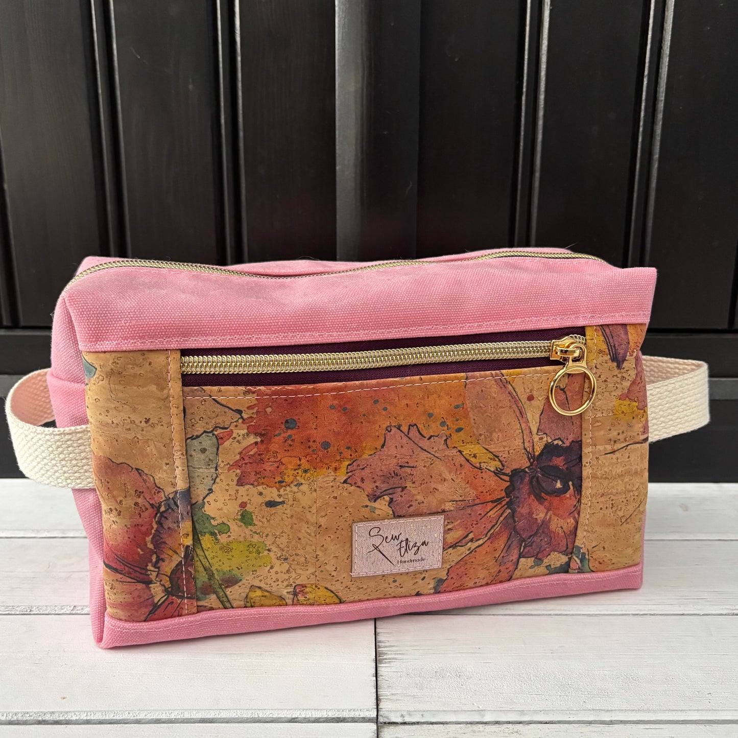 Isabella Pouch - Watercolour Floral Cork and Pink Waxed Canvas version 1
