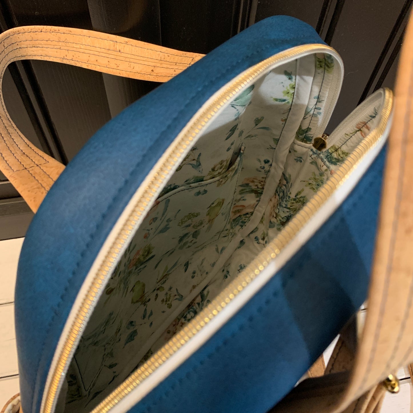 Zenaida Backpack - Natural Cork, Teal Faux Leather and Bird Print