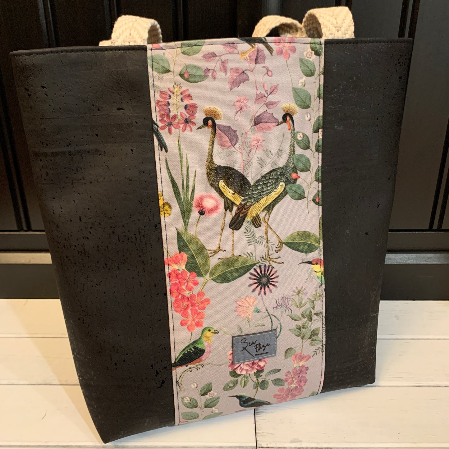 Tuesday Tote - Black Cork and Bird Canvas
