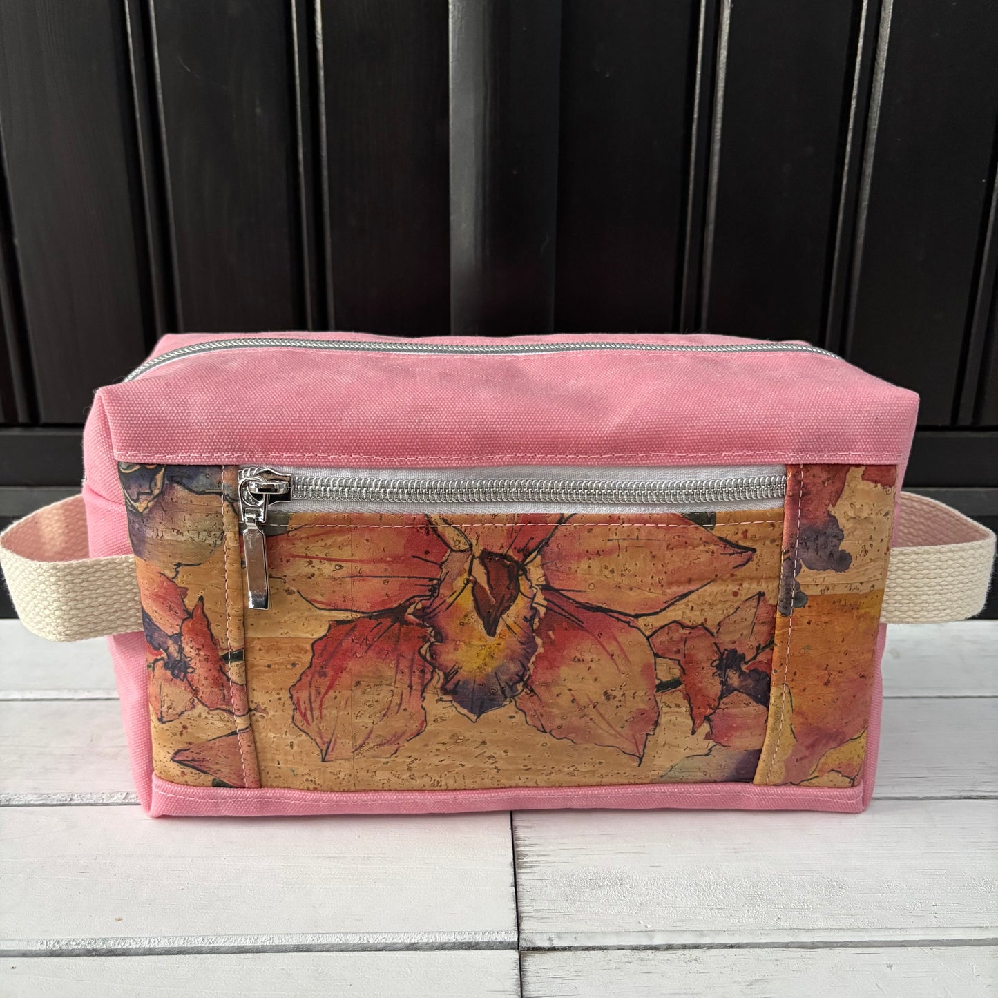 Isabella Pouch - Watercolour Floral Cork and Pink Waxed Canvas version 3