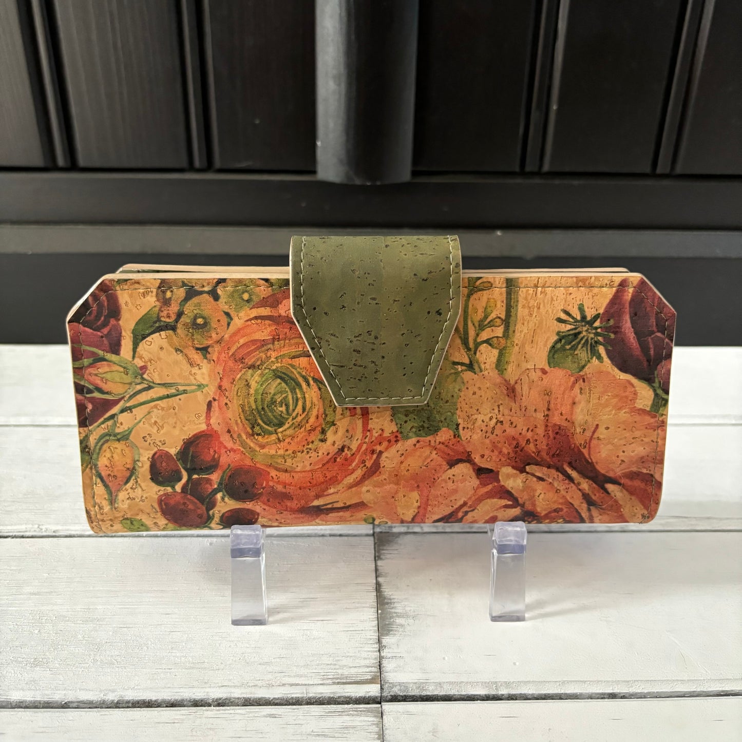 Tall Wallet - Rose and Army Green Cork