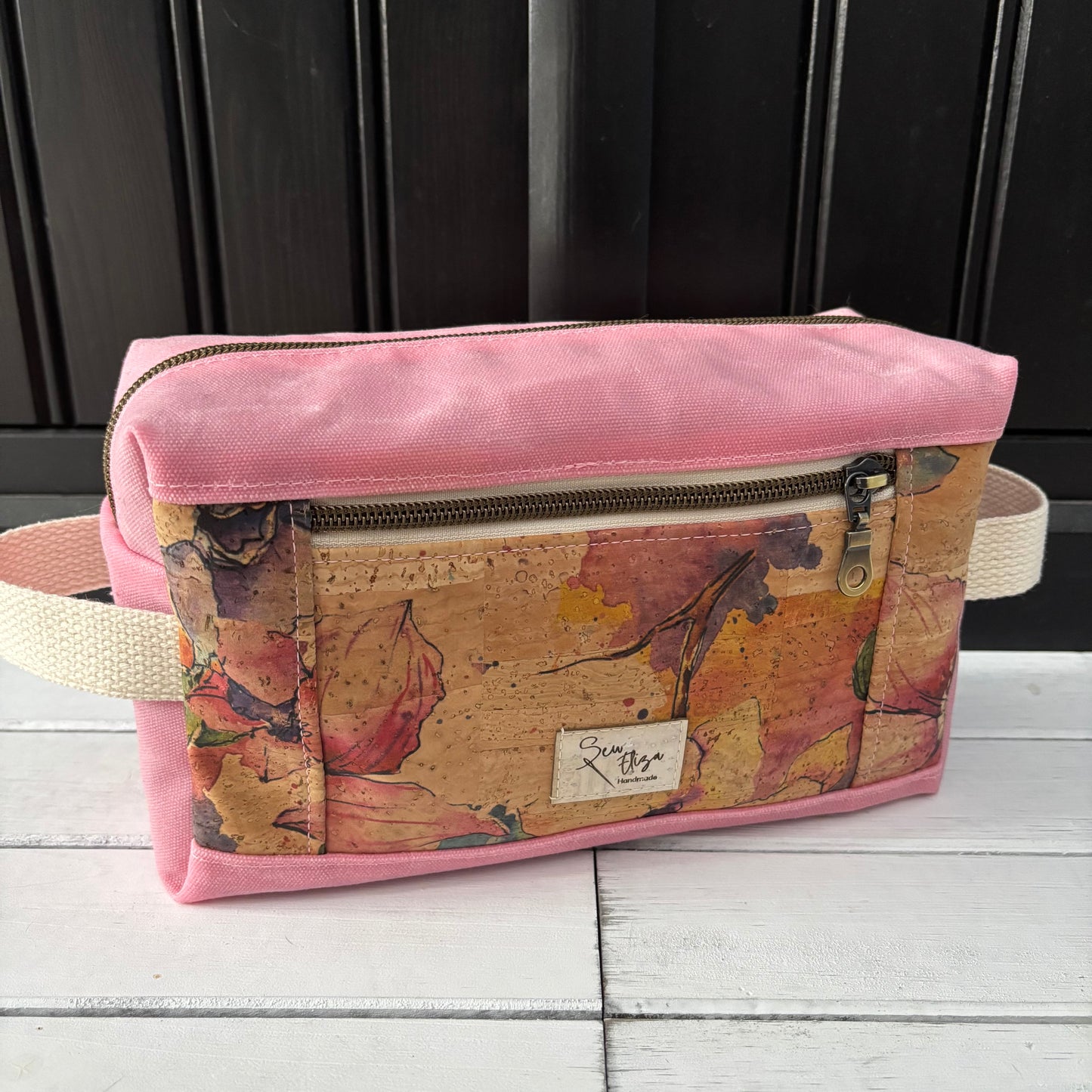 Isabella Pouch - Watercolour Floral Cork and Pink Waxed Canvas version 2