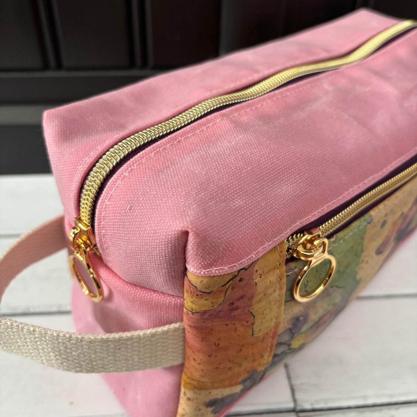 Isabella Pouch - Watercolour Floral Cork and Pink Waxed Canvas version 1