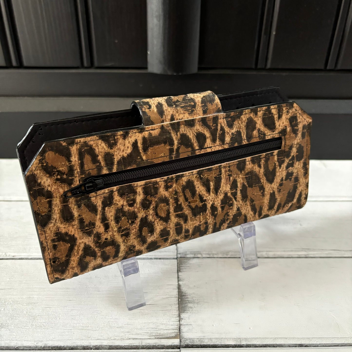Tall Wallet - Leopard Print and Black Cork