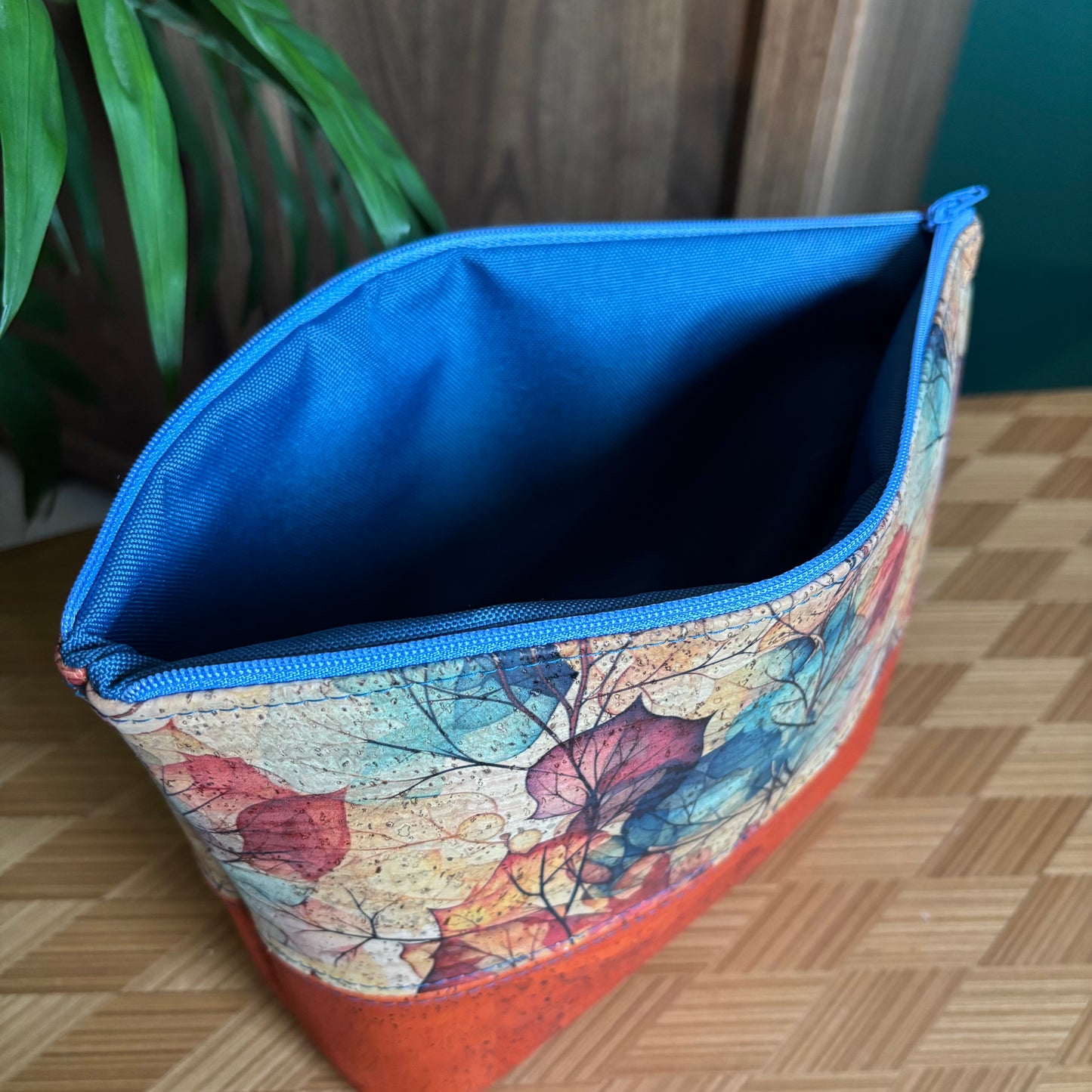 Open Wide Pouch - Medium - Printed Fall Leaves and Orange Cork