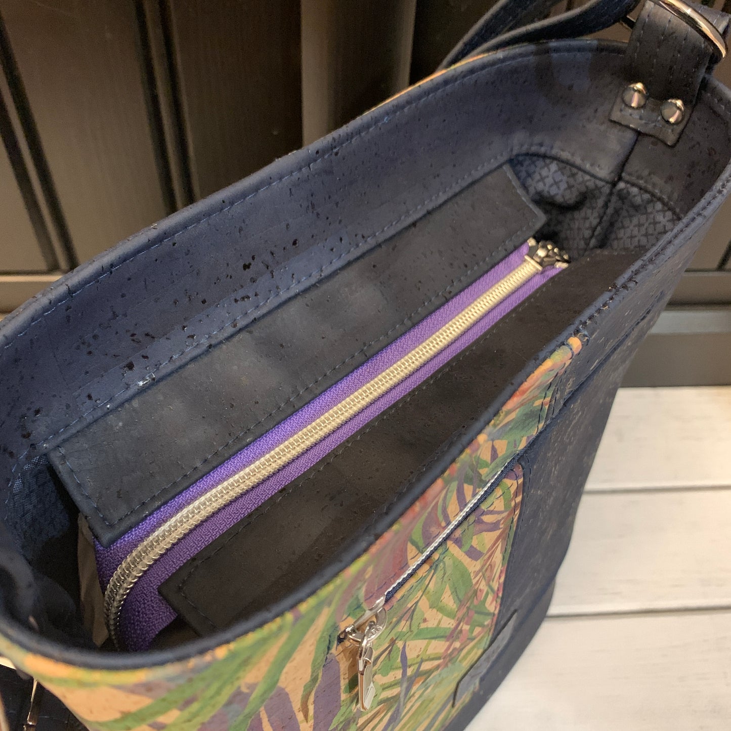 Bonnie Bucket Bag - Navy and Tropical Butterfly Print Cork