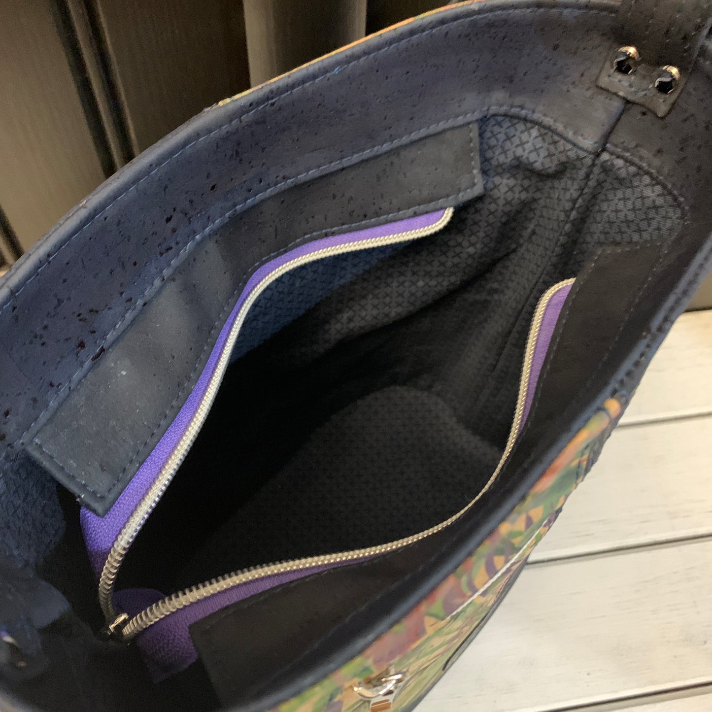 Bonnie Bucket Bag - Navy and Tropical Butterfly Print Cork