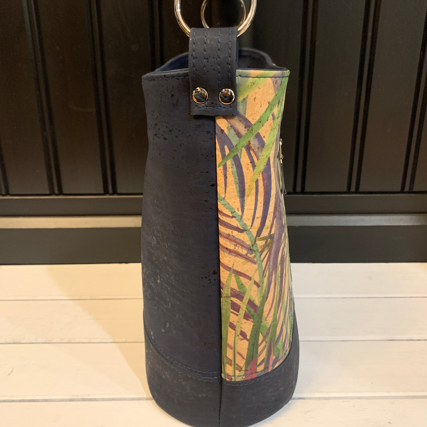 Bonnie Bucket Bag - Navy and Tropical Butterfly Print Cork