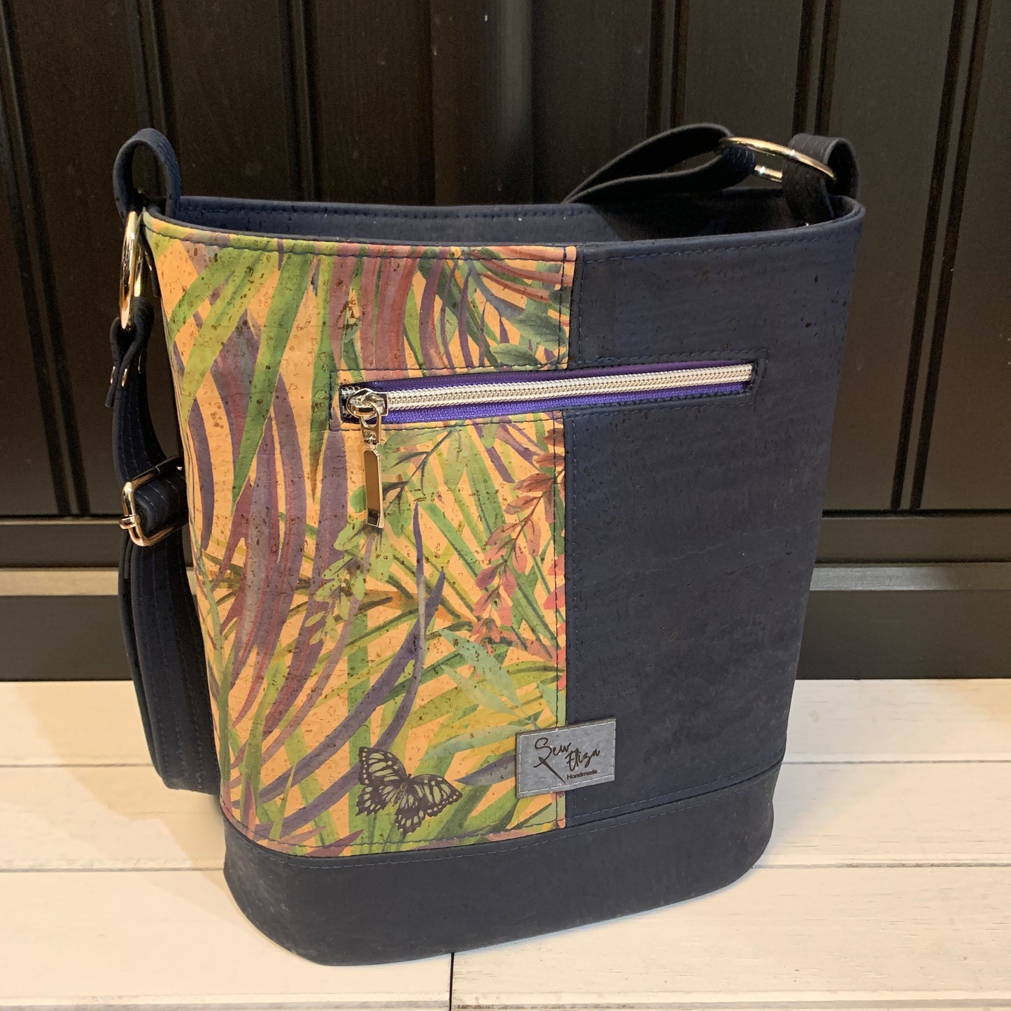 Bonnie Bucket Bag - Navy and Tropical Butterfly Print Cork