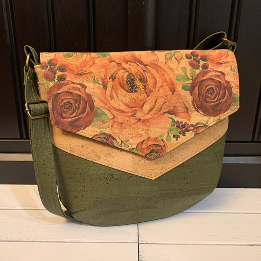 Vara Crossbody Bag - Army Green, Natural and Rose Print Cork