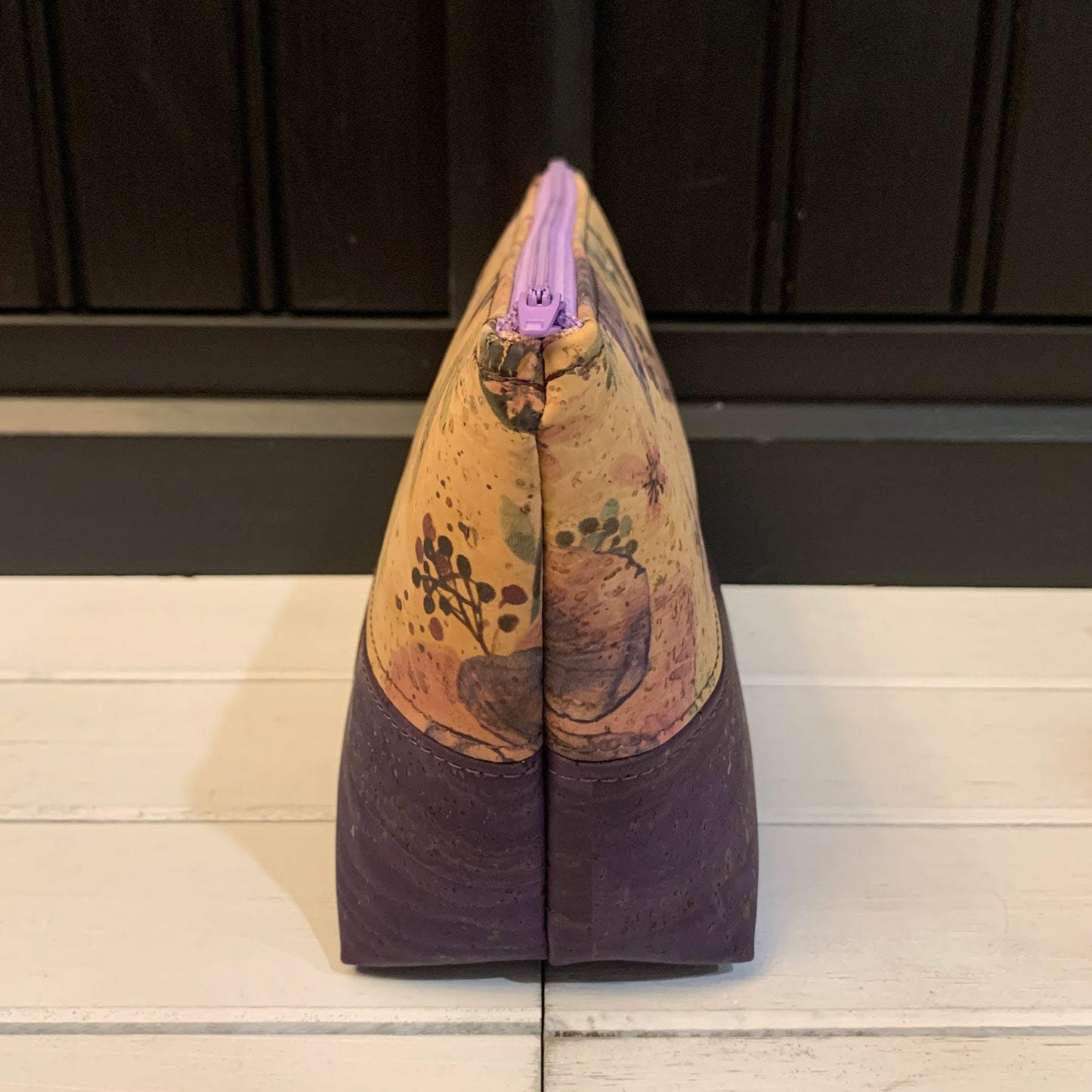 Open Wide Pouch - Small - Printed Anemone and Eggplant Cork