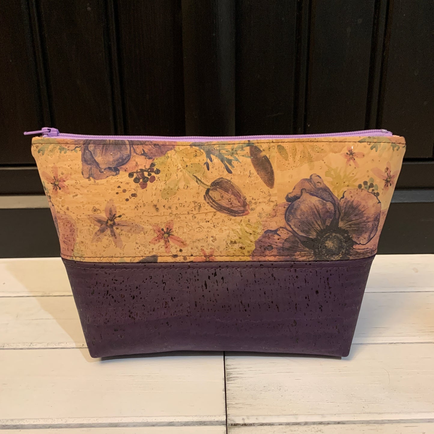 Open Wide Pouch - Small - Printed Anemone and Eggplant Cork