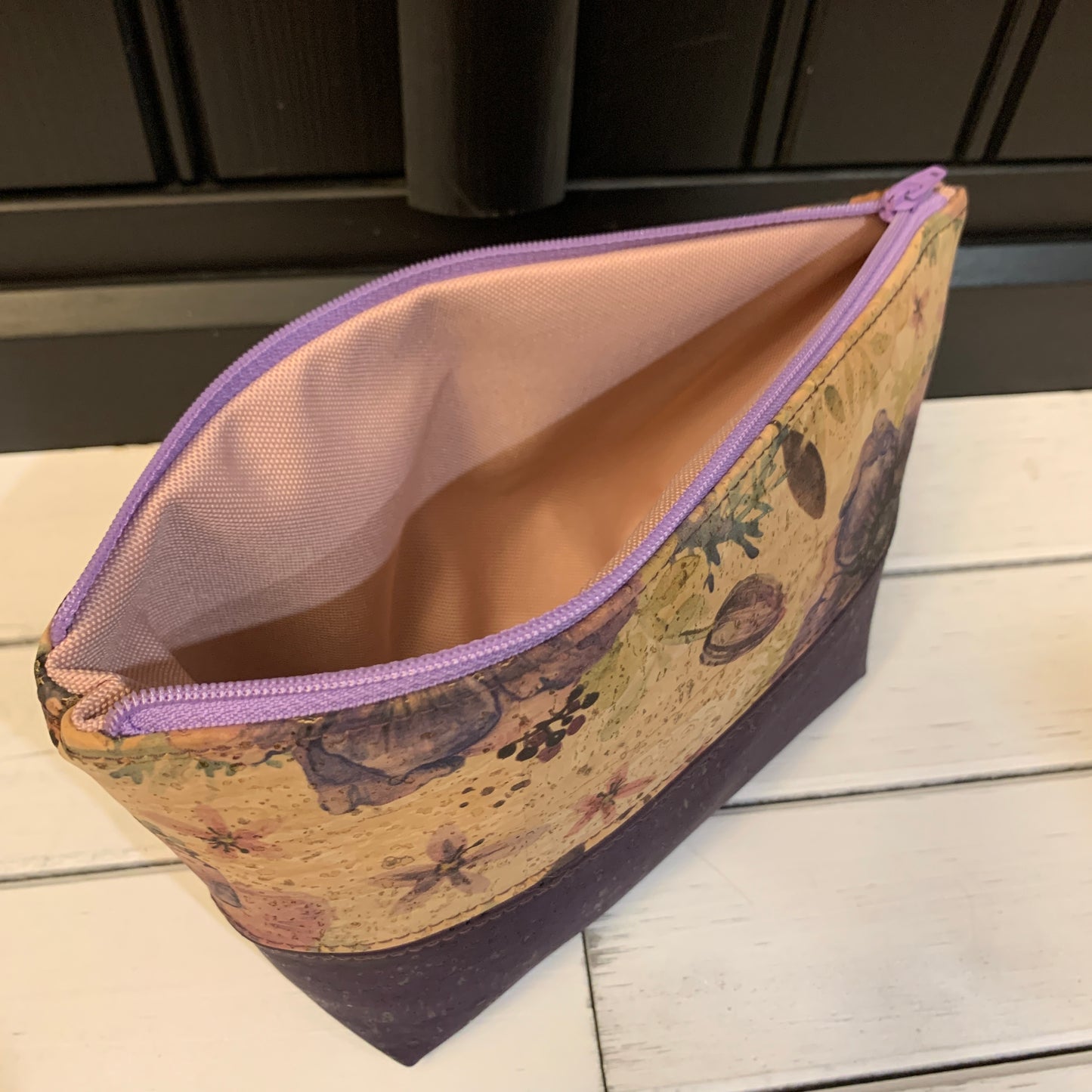 Open Wide Pouch - Small - Printed Anemone and Eggplant Cork