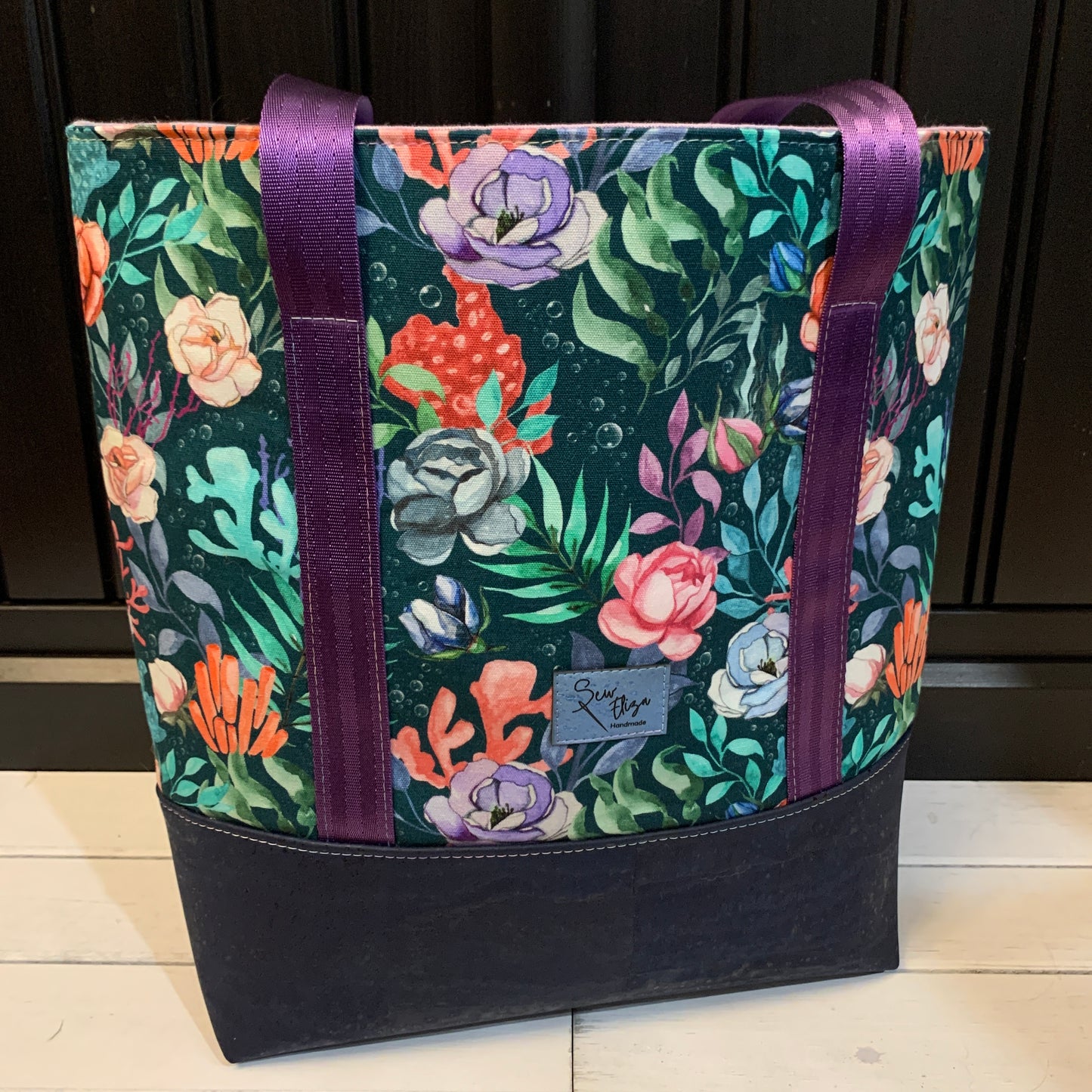 Tuesday Tote - Navy Cork and Water Plants Canvas