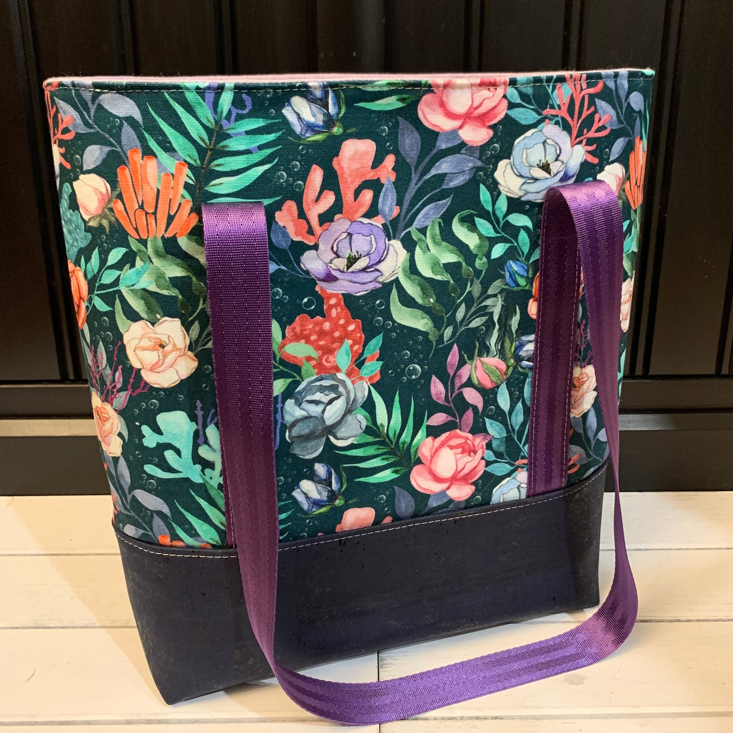 Tuesday Tote - Navy Cork and Water Plants Canvas