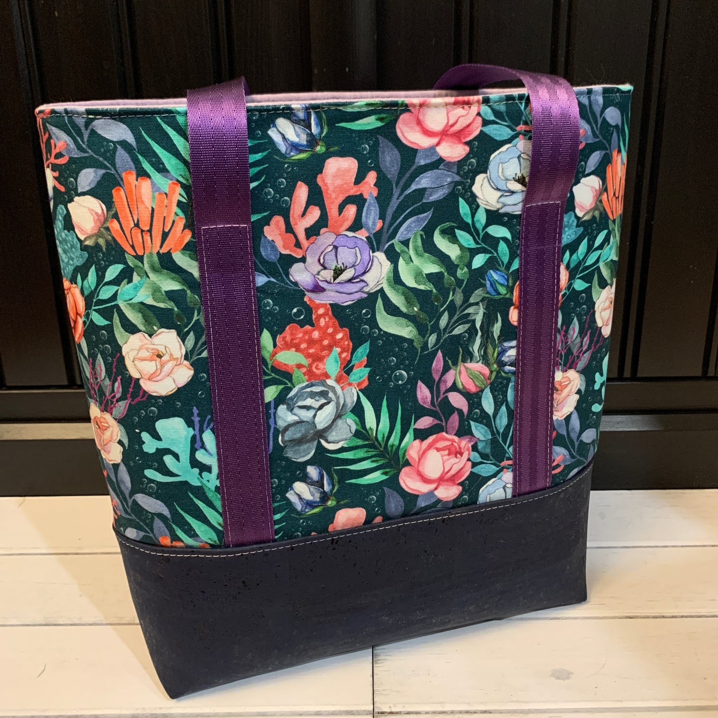 Tuesday Tote - Navy Cork and Water Plants Canvas