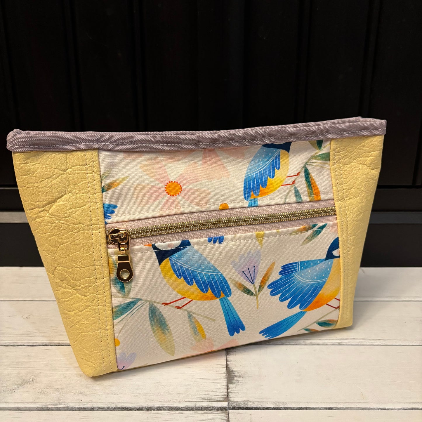 Oleander Pouch - Yellow Piñatex and Birds Waterproof Canvas