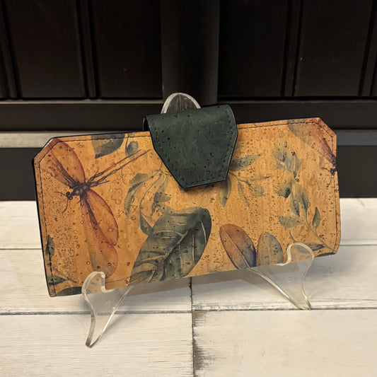 Tall Wallet - Dragonfly and Forest Green Cork