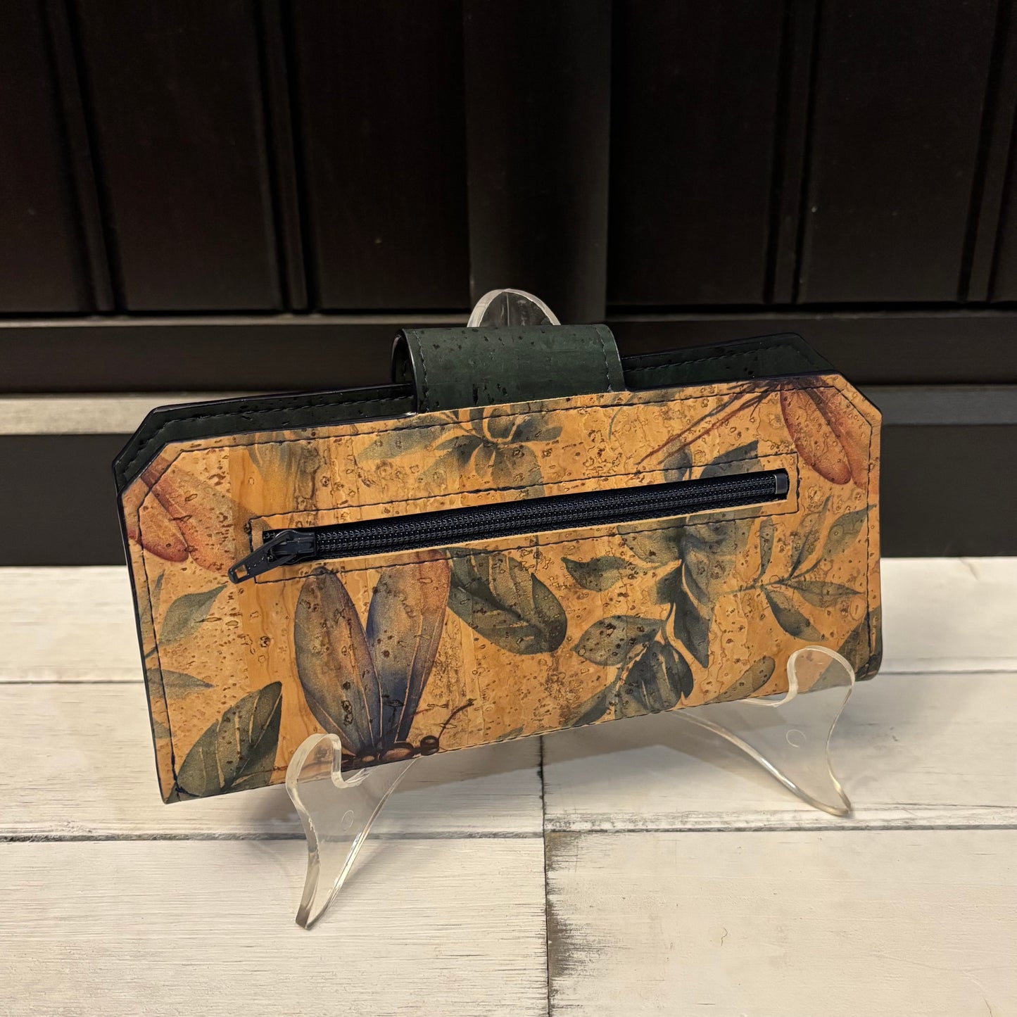 Tall Wallet - Dragonfly and Forest Green Cork