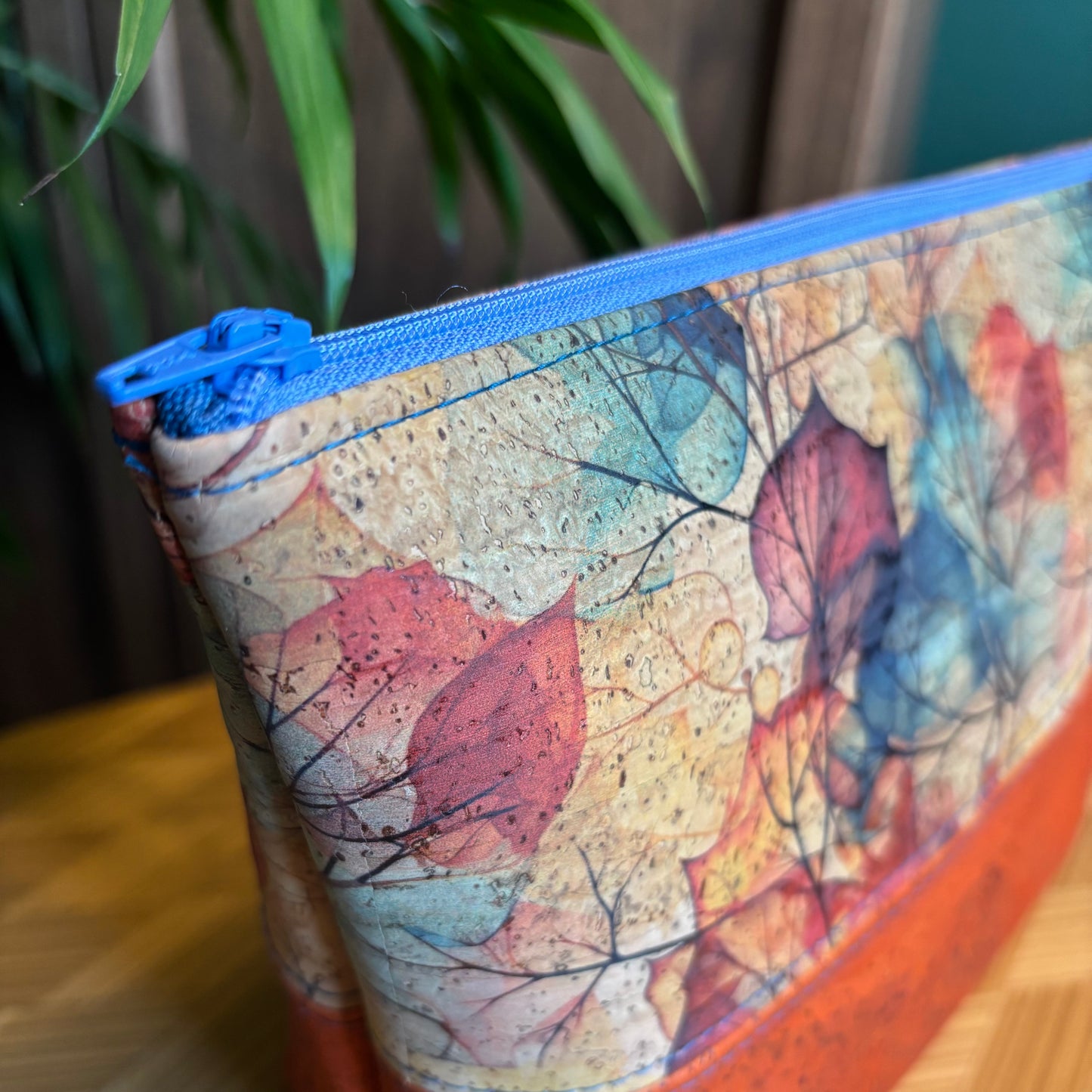 Open Wide Pouch - Medium - Printed Fall Leaves and Orange Cork
