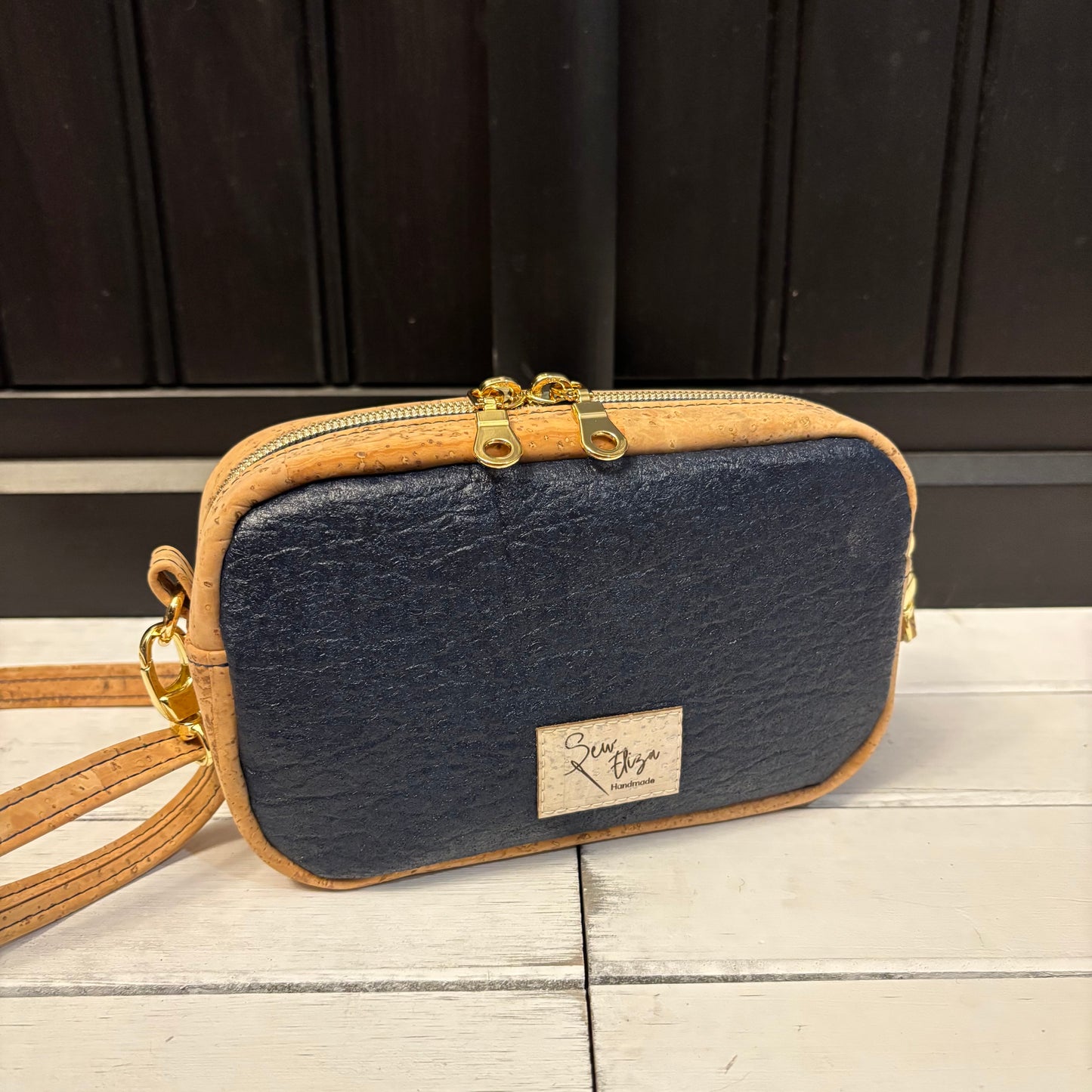 Tiny Cata Crossbody Bag - Natural Cork and Navy Piñatex