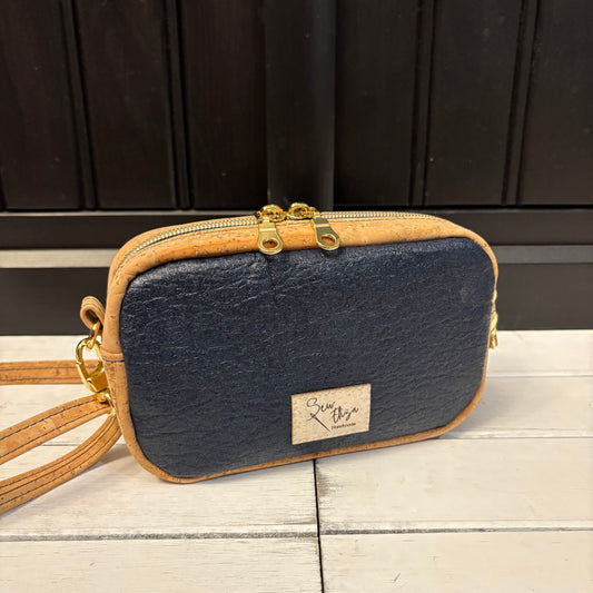 Tiny Cata Crossbody Bag - Natural Cork and Navy Piñatex