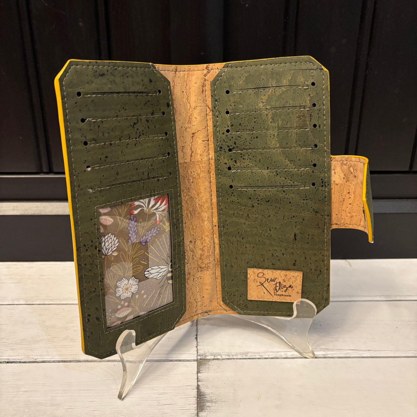 Tall Wallet - Bees and Army Green Cork