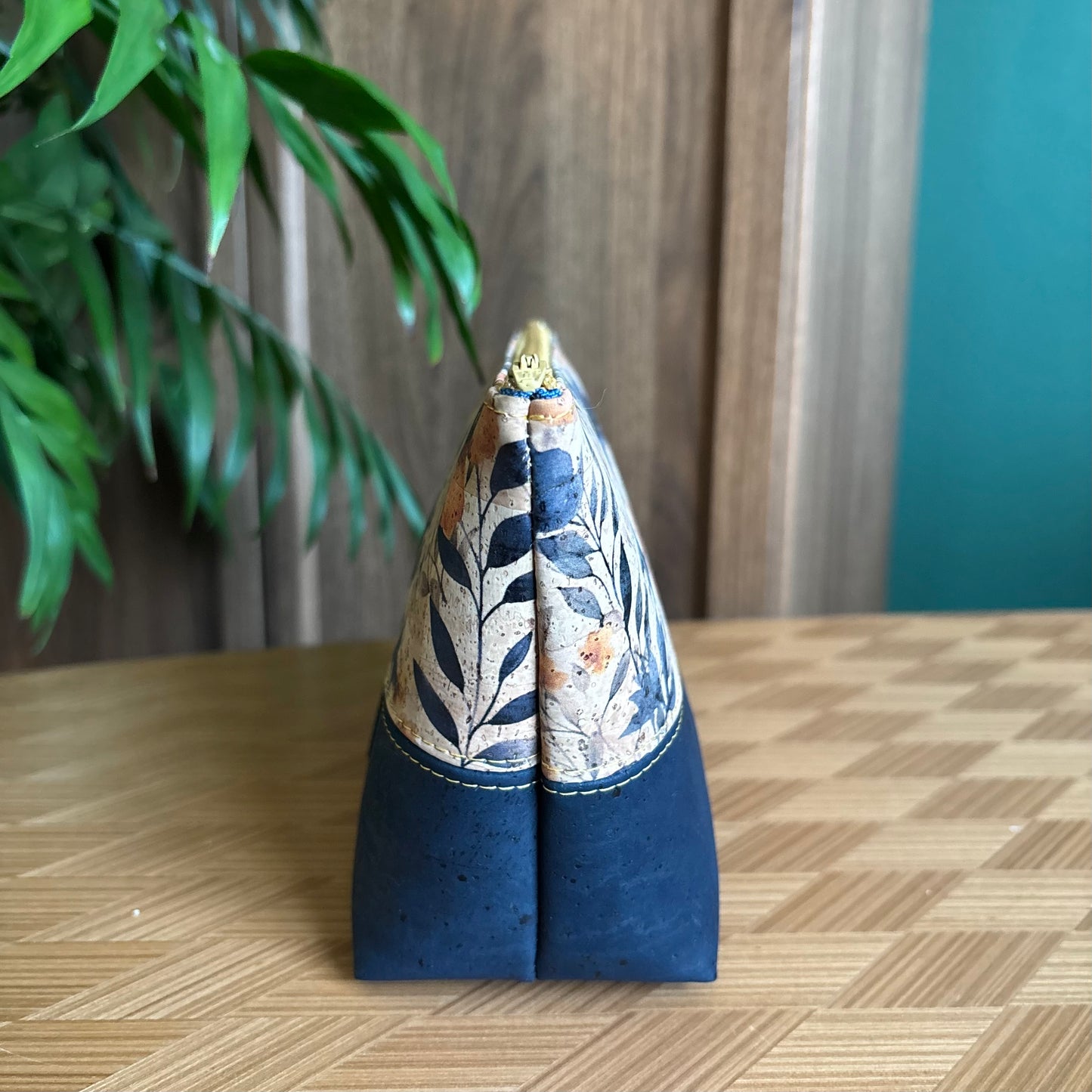 Open Wide Pouch - Small - Printed Prairie Flower and Navy Cork