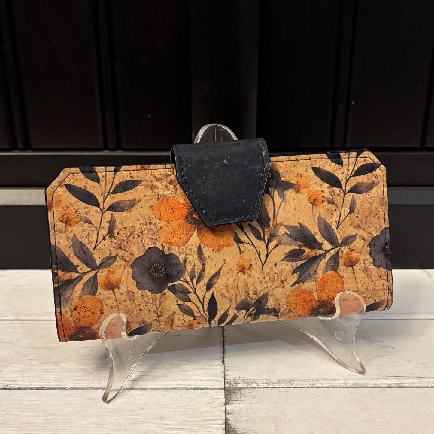 Tall Wallet - Prairie Flowers and Navy Cork