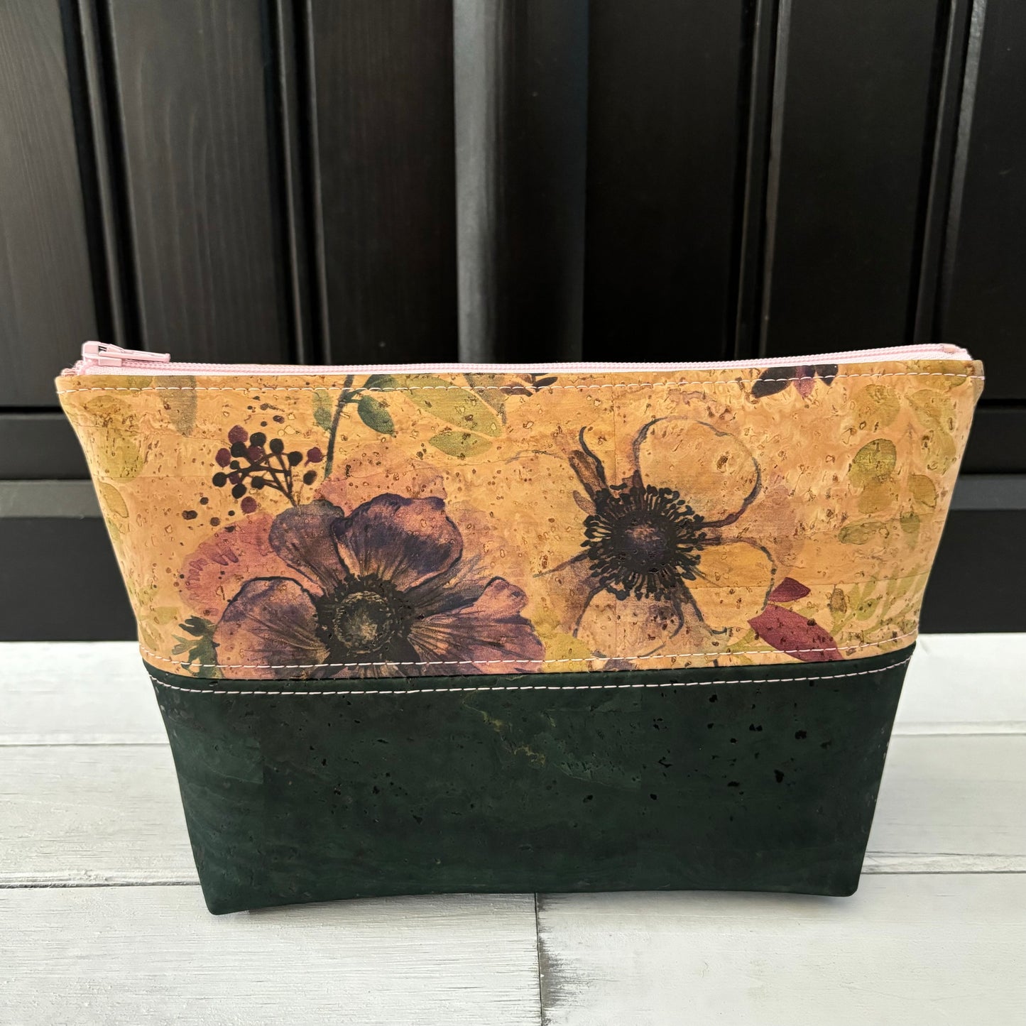 Open Wide Pouch - Small - Printed Anemone and Forest Green Cork