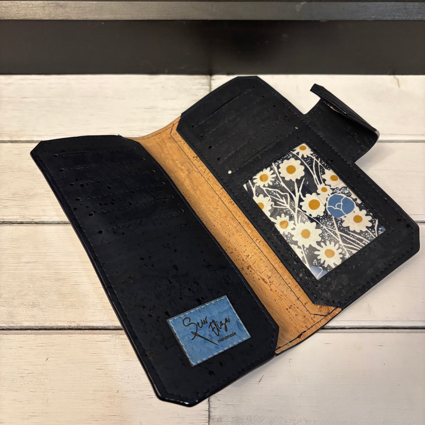 Tall Wallet - Prairie Flowers and Navy Cork